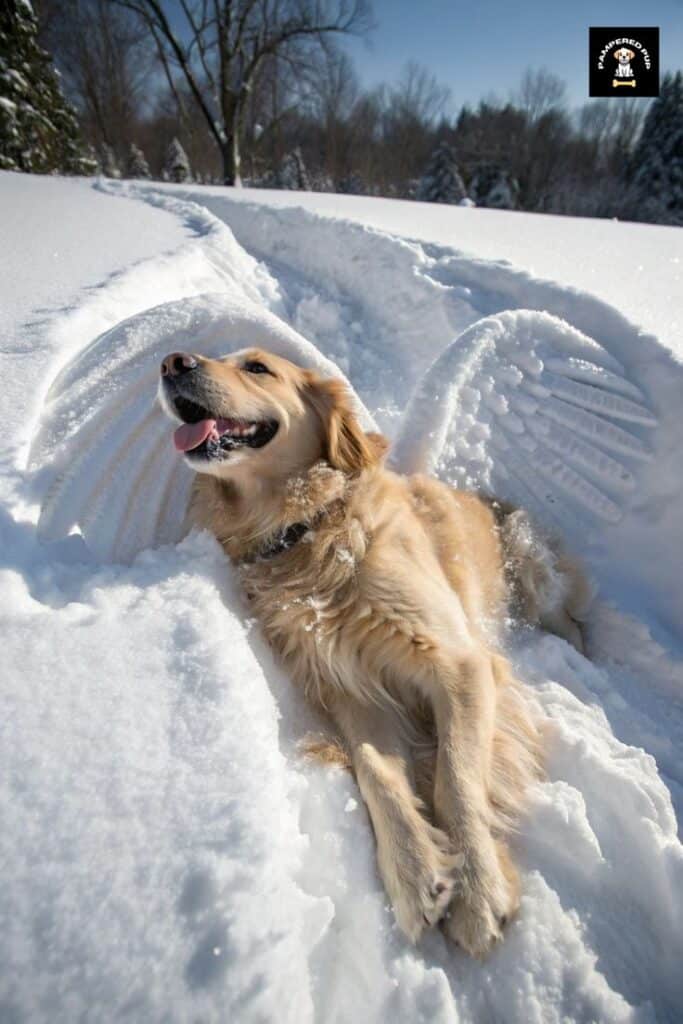 🐶❄️ Golden Joy_ A Playful Pups Snowy Adventure 🐾💖 Golden retriever making a snow angel in a snowy landscape, happily lying on its back with paws up, enjoying winter fun. | Sky Rye Design Golden retriever making a snow angel in a snowy landscape, happily lying on its back with paws up, enjoying winter fun.
