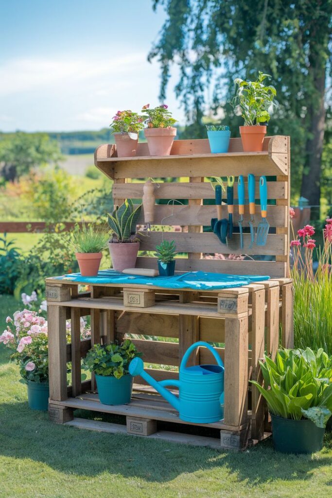 💫 Wooden garden potting bench with blue tools, vibrant potted plants, and a watering can, set in a lush outdoor garden setting. | Sky Rye Design Wooden garden potting bench with blue tools, vibrant potted plants, and a watering can, set in a lush outdoor garden setting.