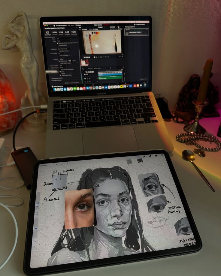 Пошаговка для своего закрытого ТГ по iPad готова🤗 надеюсь вам понравиться🤤 Digital art setup with a laptop, showing video editing software, and an iPad displaying a portrait illustration with eye details. | Sky Rye Design Digital art setup with a laptop, showing video editing software, and an iPad displaying a portrait illustration with eye details.