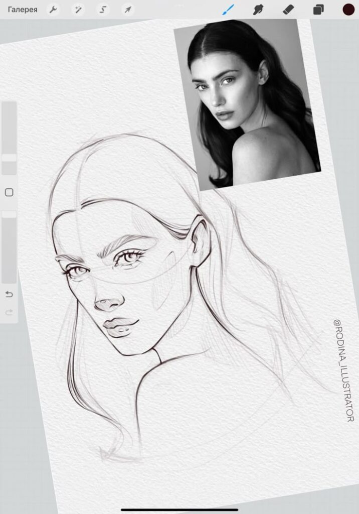 Скетч портрет какрисовать Digital illustration of a woman’s portrait in progress, inspired by a reference photo. Sketch by @rodina_illustrator. | Sky Rye Design Digital illustration of a woman’s portrait in progress, inspired by a reference photo. Sketch by @rodina_illustrator.