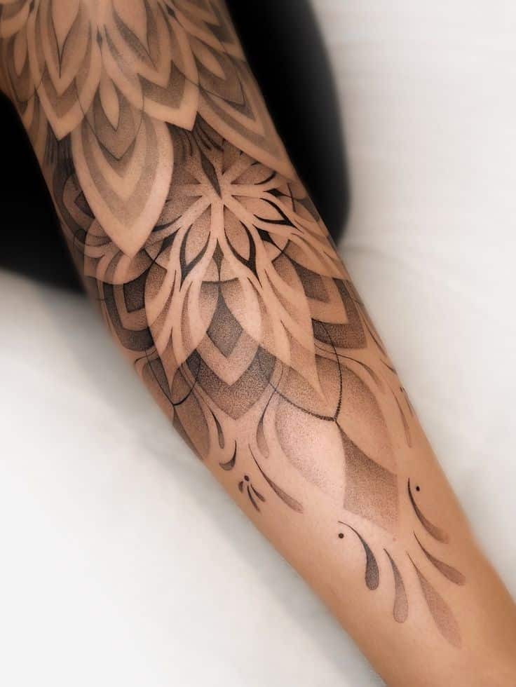 ✨ Geometric ornamental tattoo ✨ Smooth Intricate floral tattoo design on arm, featuring geometric patterns and soft shading, highlighting artistic detail and modern style. | Sky Rye Design Intricate floral tattoo design on arm, featuring geometric patterns and soft shading, highlighting artistic detail and modern style.