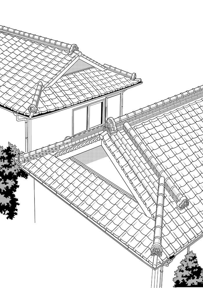 Detailed illustration of a traditional Japanese tiled roof with architectural design and surrounding greenery.