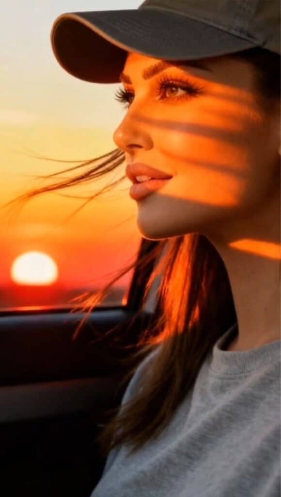 0ac9684d-f9d5-4be0-8247-6261a18a3ccf Woman in cap enjoying sunset through car window, with sunlight softly illuminating her face. #Sunset #Travel #Beauty | Sky Rye Design Woman in cap enjoying sunset through car window, with sunlight softly illuminating her face. #Sunset #Travel #Beauty