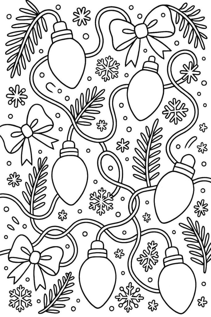 0b125ccc-69f0-41e1-a9f7-f312f77388a2 Festive Christmas coloring page with holiday lights, bows, snowflakes, and pine branches. Perfect for creative holiday fun. | Sky Rye Design Festive Christmas coloring page with holiday lights, bows, snowflakes, and pine branches. Perfect for creative holiday fun.