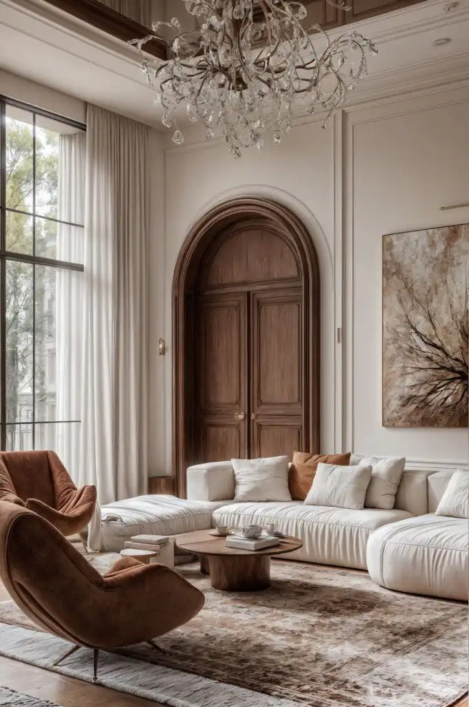 Luxurious living room with elegant chandelier, cozy white sectional sofa, wooden doors, large windows, and abstract wall art.