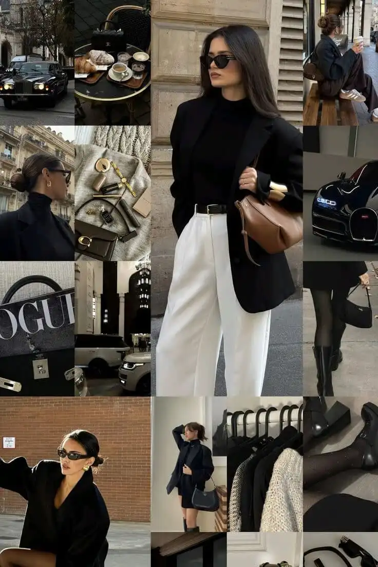 Chic fashion collage featuring stylish outfits, luxury cars, and elegant accessories, showcasing modern urban lifestyle and sophistication.