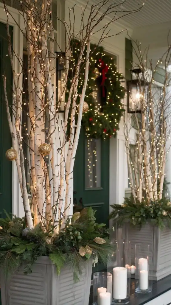 _ 1 Festive holiday porch with birch branches, lights, wreath, and candles, creating a warm and inviting seasonal decoration. | Sky Rye Design Festive holiday porch with birch branches, lights, wreath, and candles, creating a warm and inviting seasonal decoration.