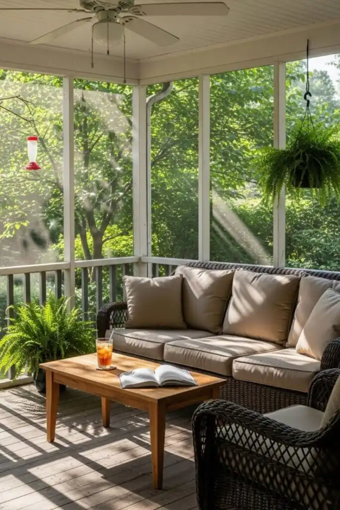 Cozy screened porch with wicker furniture, lush plants, and a refreshing drink on a wooden table, perfect for relaxing in nature.