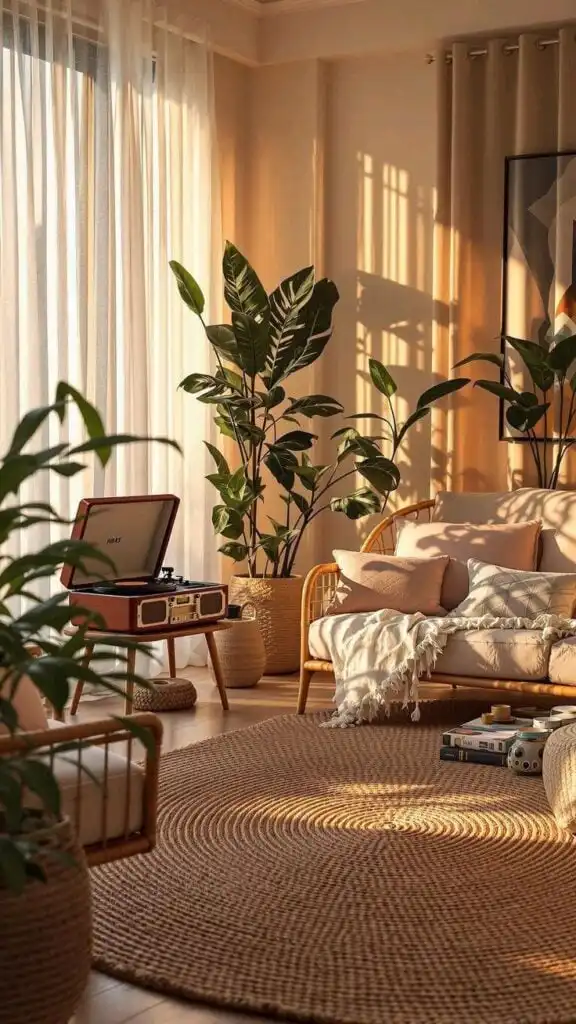 Cozy living room with sunlight, lush plants, wicker furniture, and a record player, creating a relaxing, natural atmosphere.