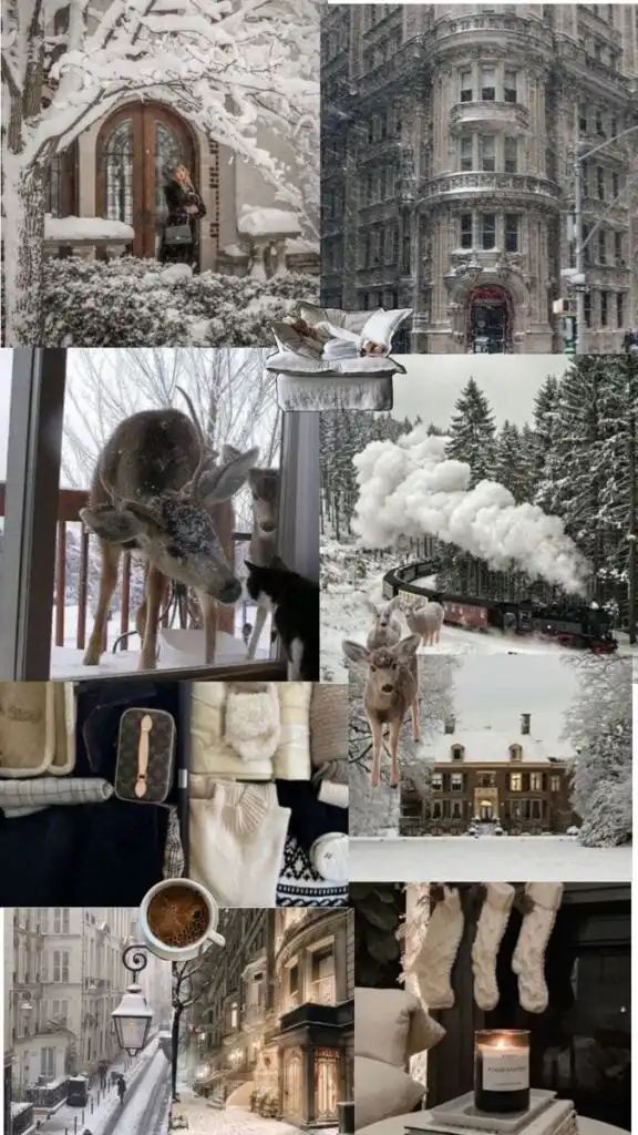 Cozy winter collage featuring snowy streets, a train, deer, packed suitcase, warm clothes, and a relaxing scene by a lit candle.
