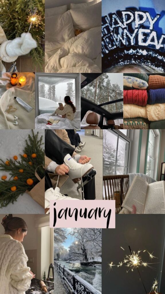 _ 10 Collage of cozy January moments: winter scenes, warm sweaters, sparklers, ice skates, and home comforts. Perfect for new year inspiration. | Sky Rye Design Collage of cozy January moments: winter scenes, warm sweaters, sparklers, ice skates, and home comforts. Perfect for new year inspiration.