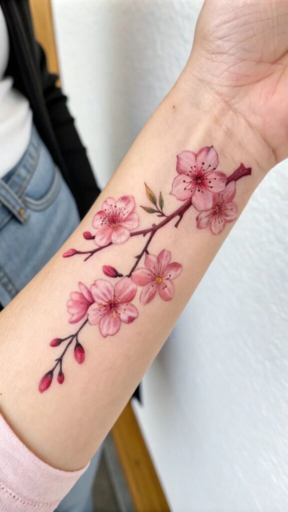 10 Cherry Blossom Tattoo Ideas to Represent Beauty and Elegance - Pure Beauty Cherry blossom tattoo on forearm, showcasing delicate pink flowers and buds on a branch—a symbol of beauty and renewal. | Sky Rye Design Cherry blossom tattoo on forearm, showcasing delicate pink flowers and buds on a branch—a symbol of beauty and renewal.