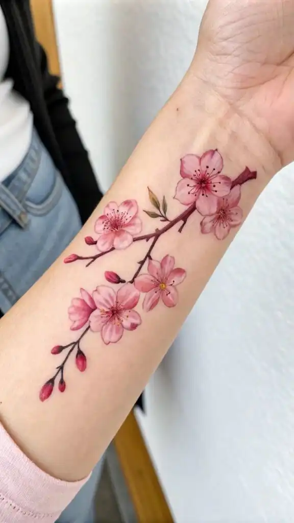 10 Cherry Blossom Tattoo Ideas to Represent Beauty and Elegance - Pure Beauty Cherry blossom tattoo on forearm, showcasing delicate pink flowers and buds on a branch—a symbol of beauty and renewal. | Sky Rye Design Cherry blossom tattoo on forearm, showcasing delicate pink flowers and buds on a branch—a symbol of beauty and renewal.