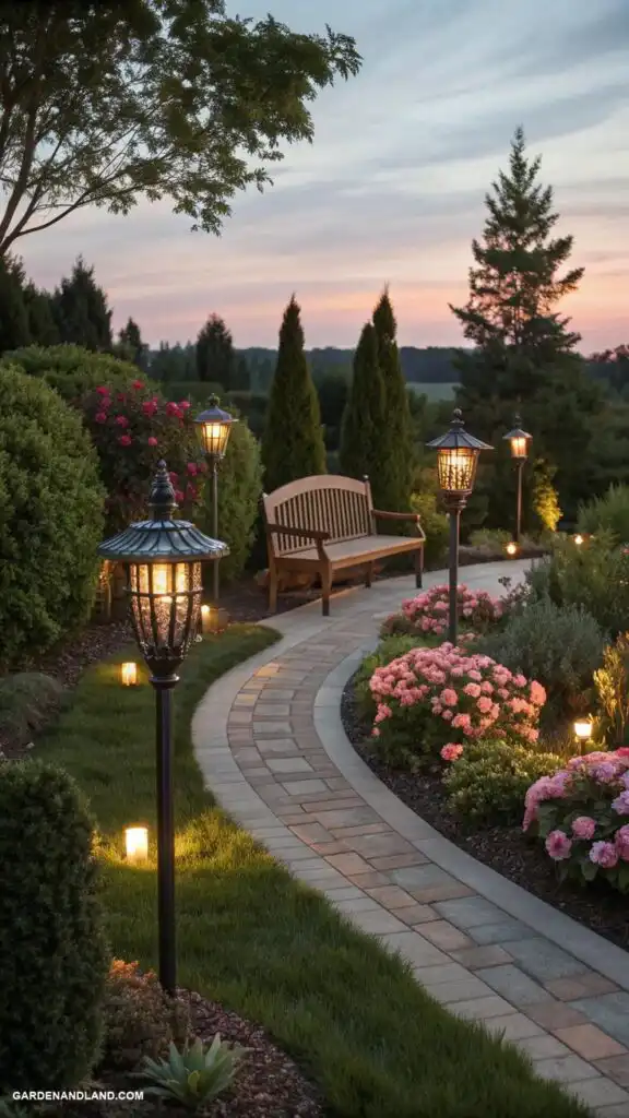 Scenic garden pathway with lanterns, wooden bench, and blooming flowers at sunset. Perfect outdoor relaxation spot.