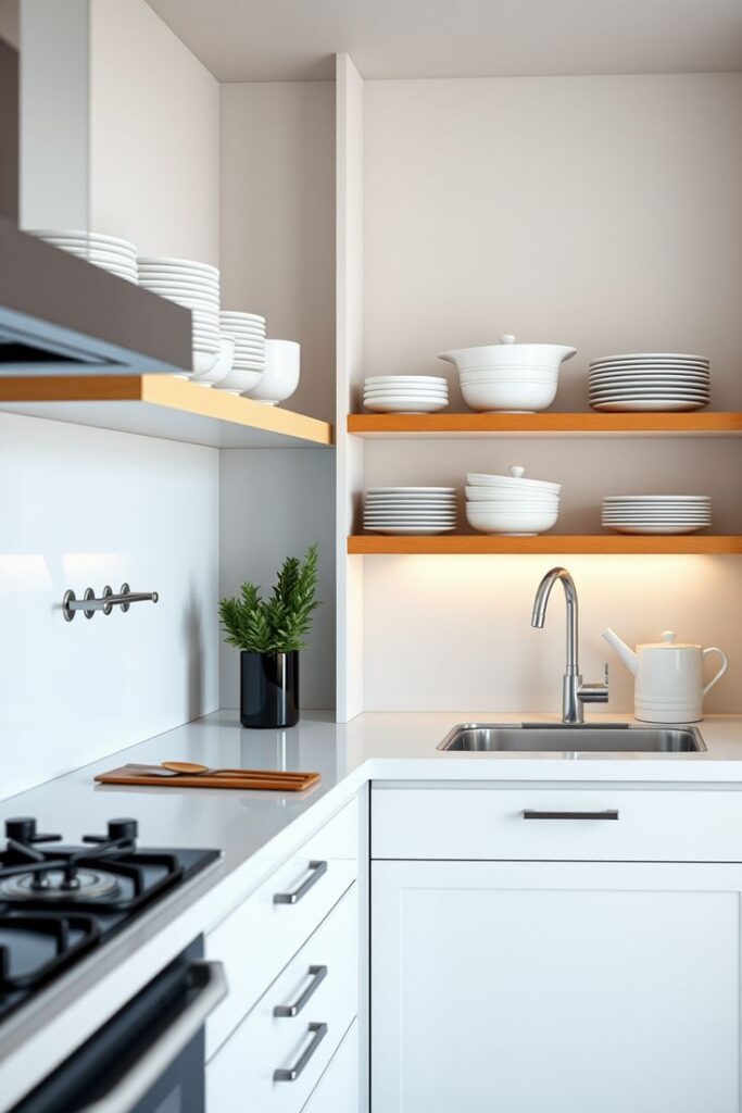 10 Glossy Kitchen Makeover Tips Modern white kitchen with open shelves, neatly stacked dishes, and a sink with a sleek faucet. Minimalist design with warm lighting. | Sky Rye Design Modern white kitchen with open shelves, neatly stacked dishes, and a sink with a sleek faucet. Minimalist design with warm lighting.