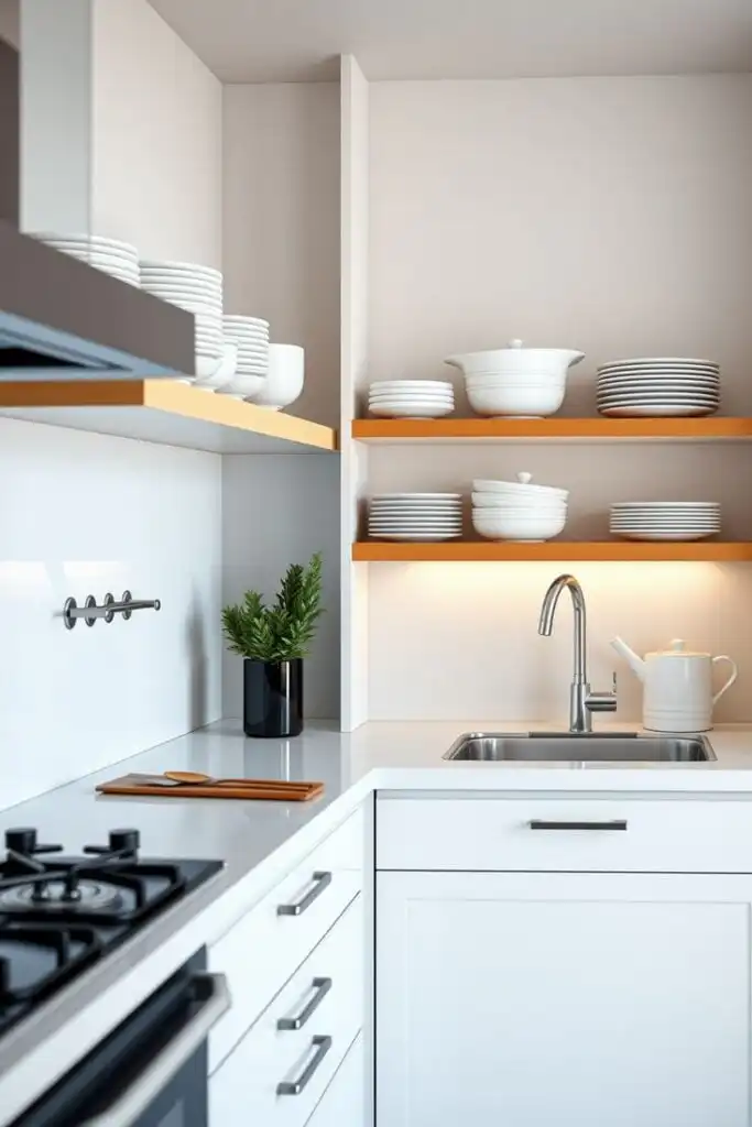 10 Glossy Kitchen Makeover Tips Modern white kitchen with open shelves, neatly stacked dishes, and a sink with a sleek faucet. Minimalist design with warm lighting. | Sky Rye Design Modern white kitchen with open shelves, neatly stacked dishes, and a sink with a sleek faucet. Minimalist design with warm lighting.