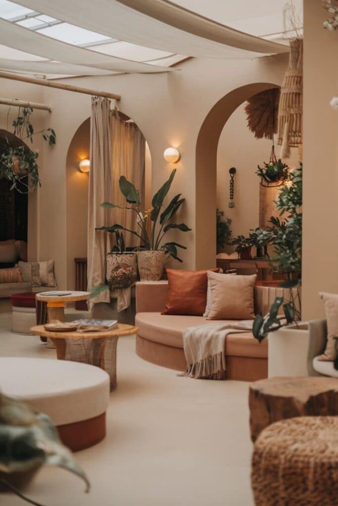 Stylish beige living room with archways, cozy seating, lush plants, and warm lighting creating a welcoming and serene