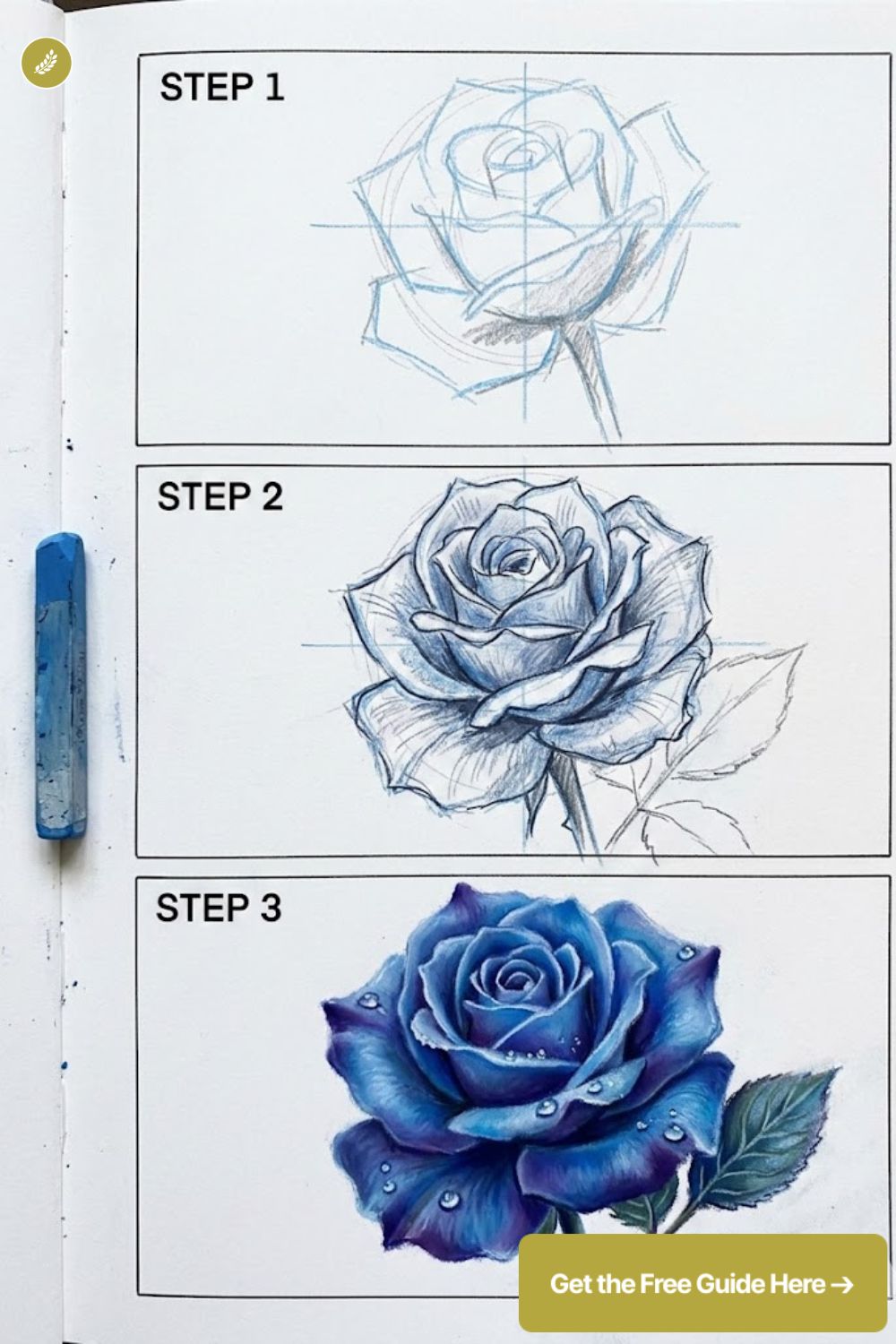 Blue rose drawing tutorial: step 1 sketch, step 2 shaded pencil, step 3 final colored rose with water droplets.