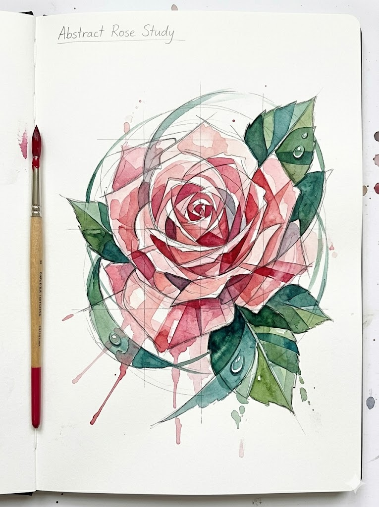 Hand-painted watercolor abstract rose study in open sketchbook with green leaves, paint splatters, red-tipped brush