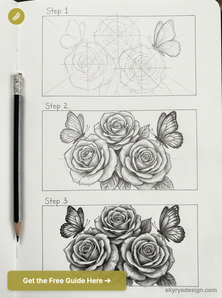 Pencil step-by-step drawing tutorial showing three roses and two butterflies, progression from sketch to shaded realism