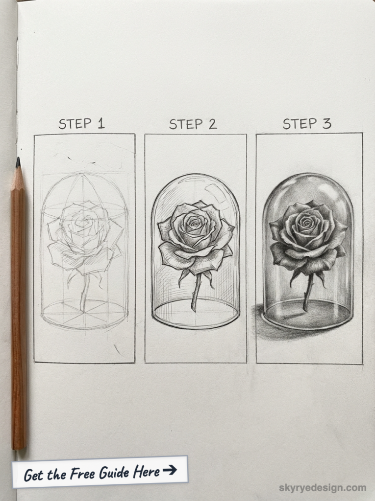 Pencil sketch tutorial: three-step rose drawing under a glass dome, progressive shading panels and pencil on paper.
