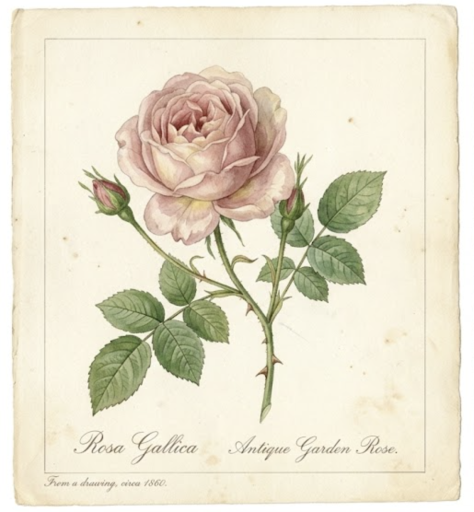 Vintage botanical illustration of a pink Rosa gallica (antique garden rose) with buds