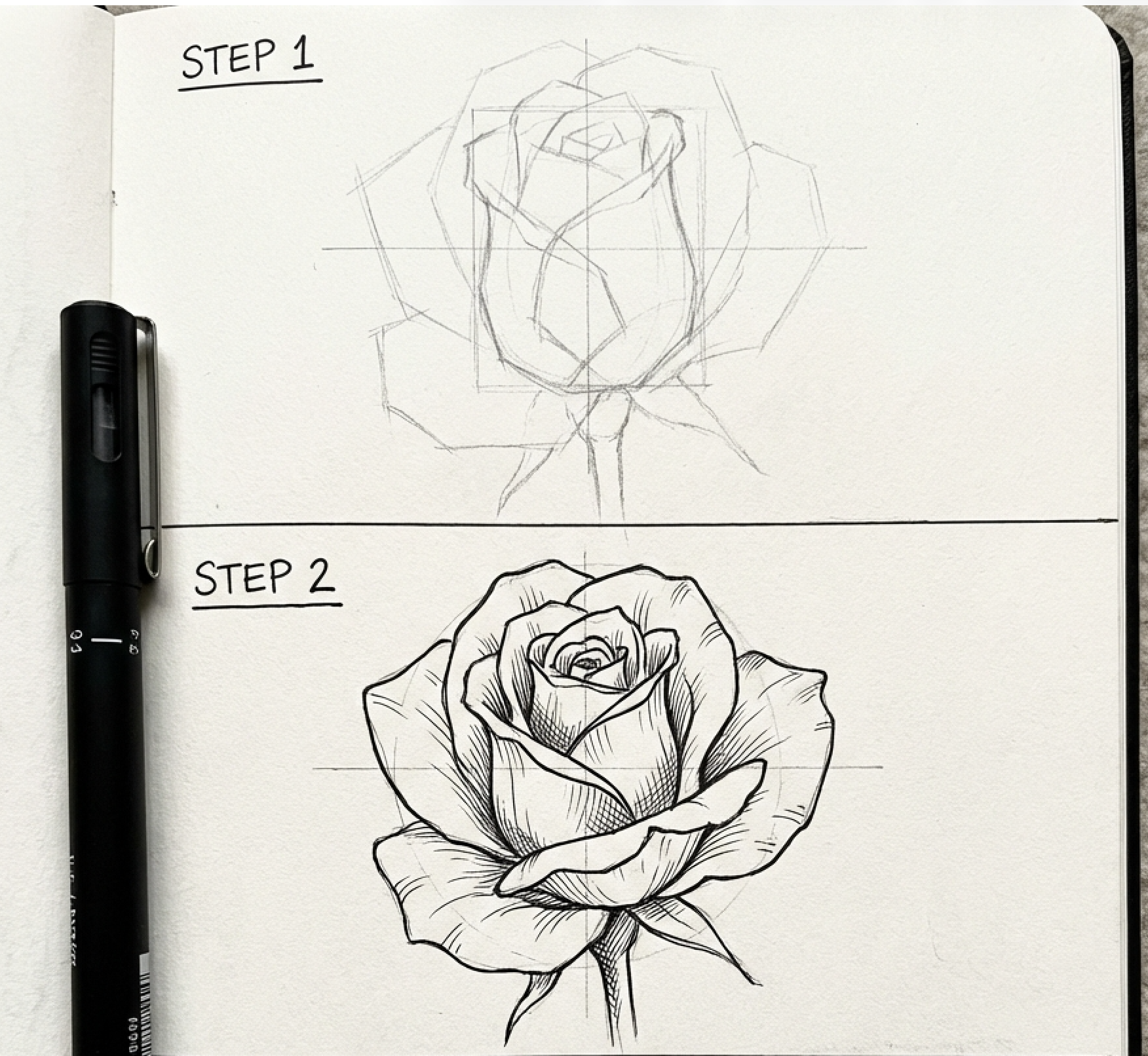 Rose drawing tutorial: Step 1 pencil sketch above; Step 2 detailed inked rose below with black pen.