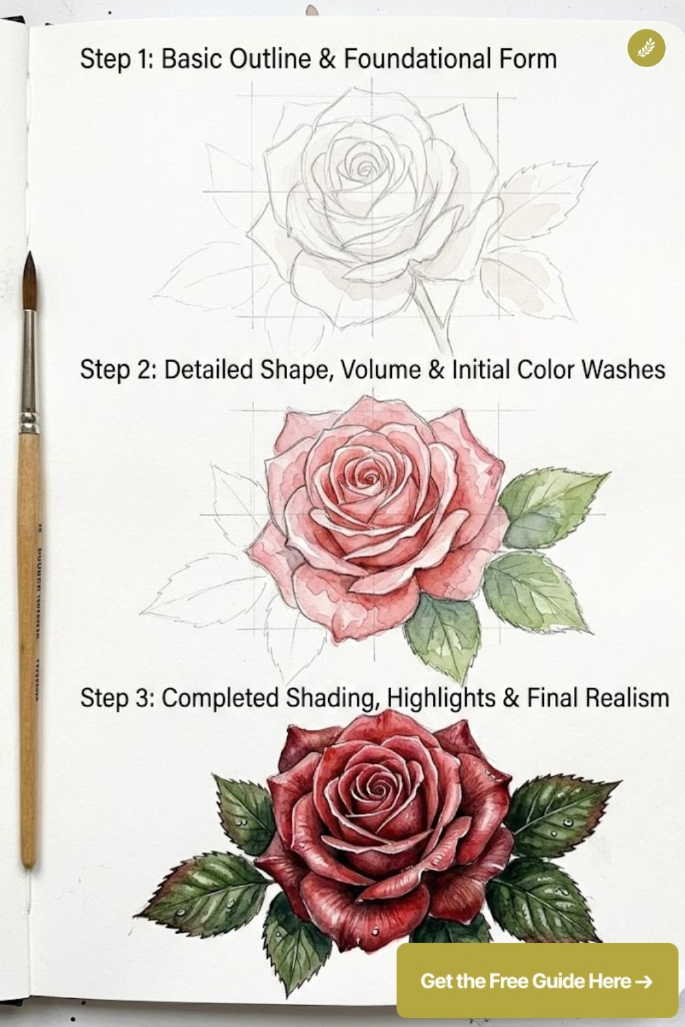 Watercolor rose tutorial: step 1 sketch, step 2 color washes, step 3 final shaded realistic red rose and leaves