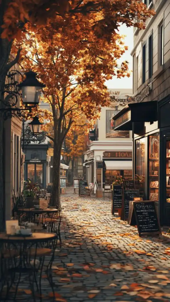 Charming autumn street scene with vibrant orange leaves, cozy cafes, and quaint shops on a cobblestone path. Perfect fall atmosphere.