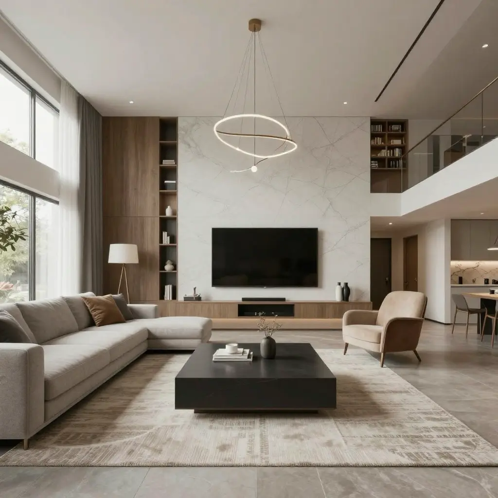 Modern living room with large sectional sofa, minimalist decor, marble accent wall, and circular chandelier. Spacious, light-filled interior.