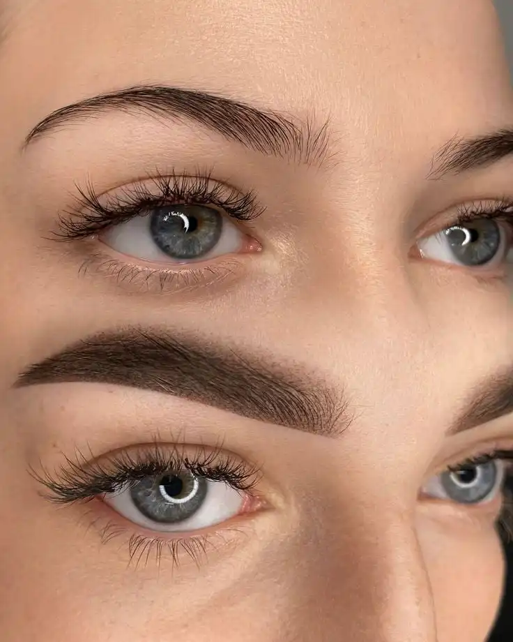 _ 11 Close-up of a person's well-defined eyebrows and blue eyes with long lashes, showcasing natural beauty and makeup detail. | Sky Rye Design Close-up of a person's well-defined eyebrows and blue eyes with long lashes, showcasing natural beauty and makeup detail.