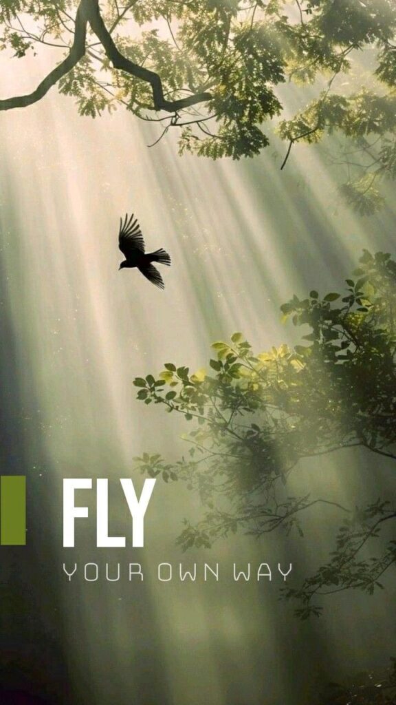 Bird soaring under sunlit trees with the text Fly Your Own Way, invoking freedom and adventure in nature.