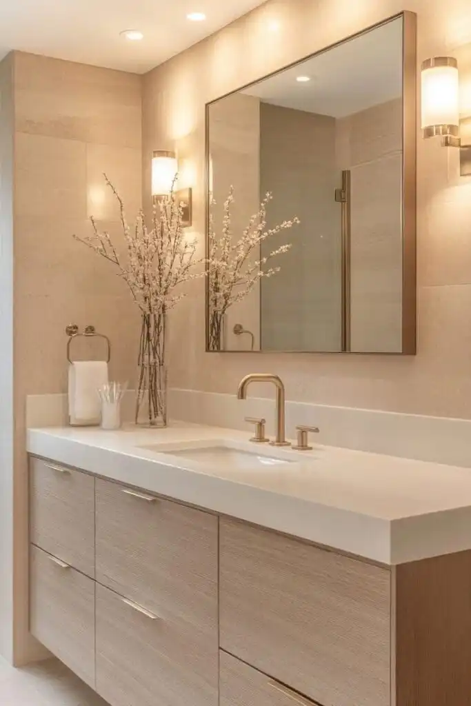 Elegant bathroom with modern wood vanity, large mirror, gold fixtures, and sleek lighting, complemented by decorative