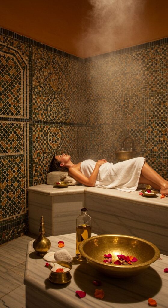 _ 12 Woman relaxing in a traditional spa with steam, surrounded by rose petals and ornate tiles, creating a tranquil wellness atmosphere. | Sky Rye Design Woman relaxing in a traditional spa with steam, surrounded by rose petals and ornate tiles, creating a tranquil wellness atmosphere.