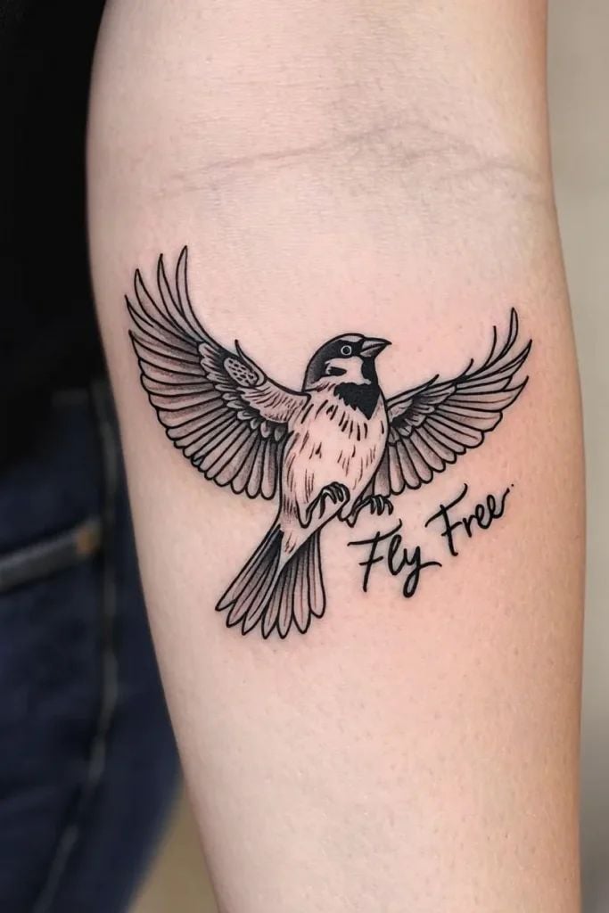 Tattoo of a flying bird with Fly Free text on the arm, symbolizing freedom and liberation through artistic ink design.