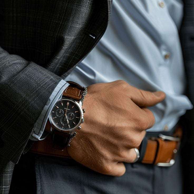 Man in a suit displaying a luxury watch with a brown leather strap, close-up shot highlighting elegant style and fashion.