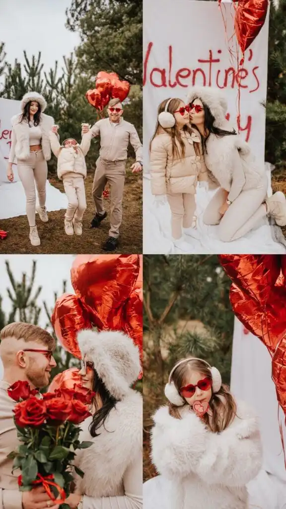 _ 13 Family celebrating Valentine's Day outdoors, with heart balloons, roses, and festive outfits. Smiling parents and child enjoying the day. | Sky Rye Design Family celebrating Valentine's Day outdoors, with heart balloons, roses, and festive outfits. Smiling parents and child enjoying the day.