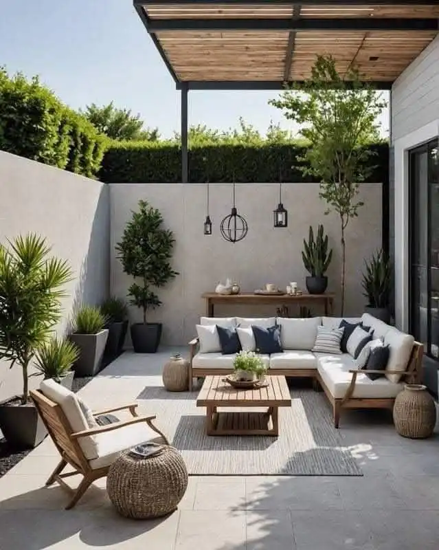 Modern patio garden with L-shaped sofa, wooden furniture, potted plants, and hanging lights under a pergola, creating a cozy