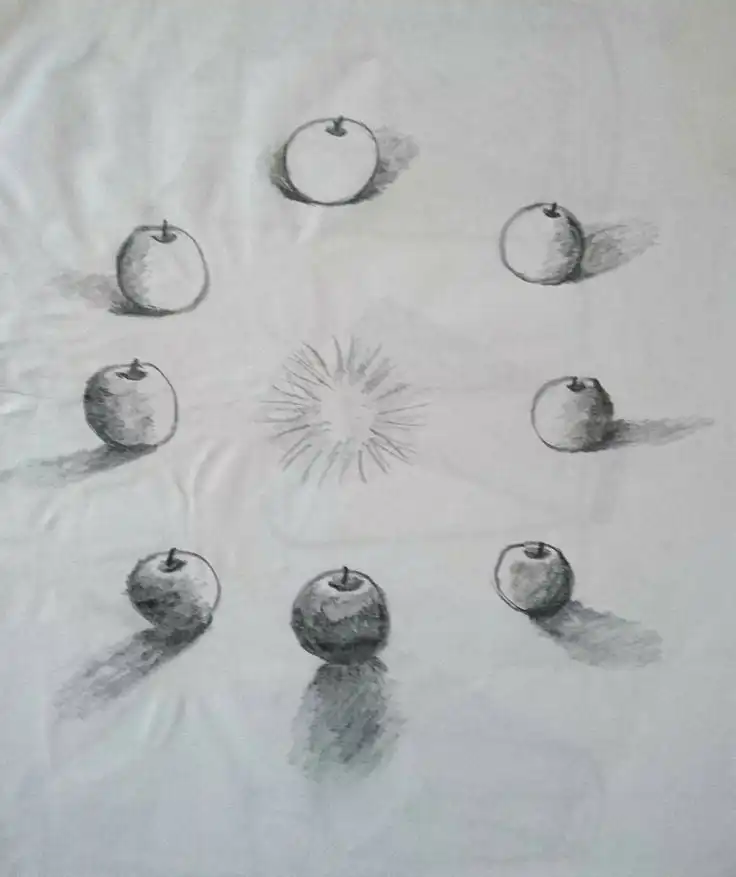 Pencil sketch of eight apples arranged in a circle, each casting a shadow outward on a plain background. Central abstract burst design.