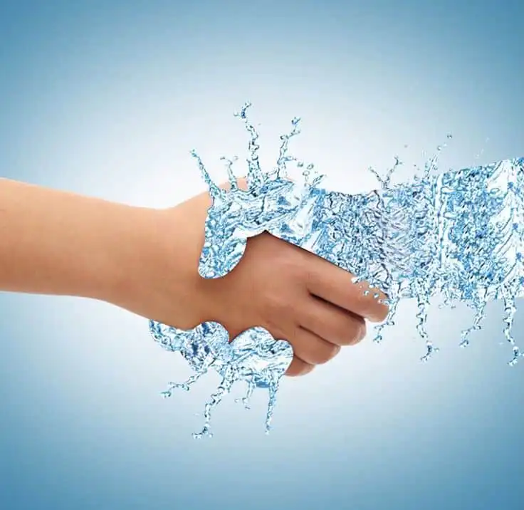 _ 15 Hand shaking with a water splash, symbolizing partnership and fluidity. Blue gradient background enhances the connection theme. | Sky Rye Design Hand shaking with a water splash, symbolizing partnership and fluidity. Blue gradient background enhances the connection theme.