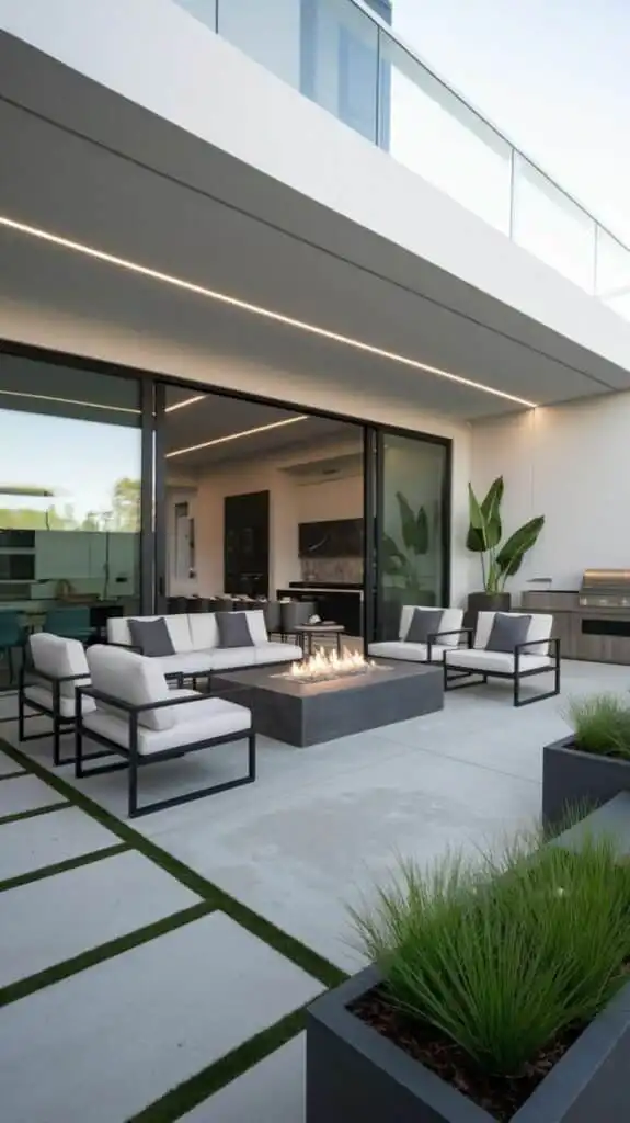 Modern patio with sleek seating and a central fire pit. Features outdoor furniture, minimalist design, and greenery for