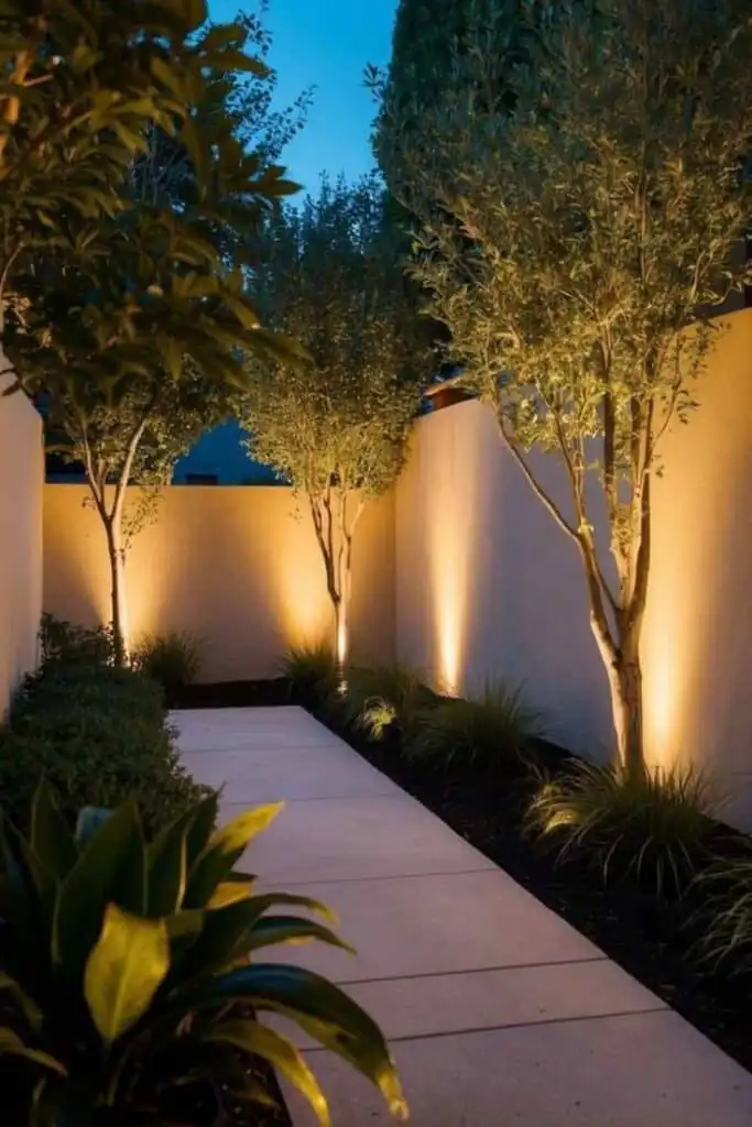 Modern garden pathway with ambient lighting, surrounded by lush greenery and trees, creating a tranquil evening atmosphere.