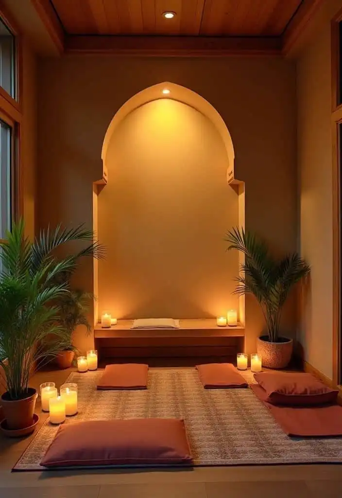Tranquil meditation room with cushions, candles, and plants, creating a serene ambiance for relaxation and mindfulness