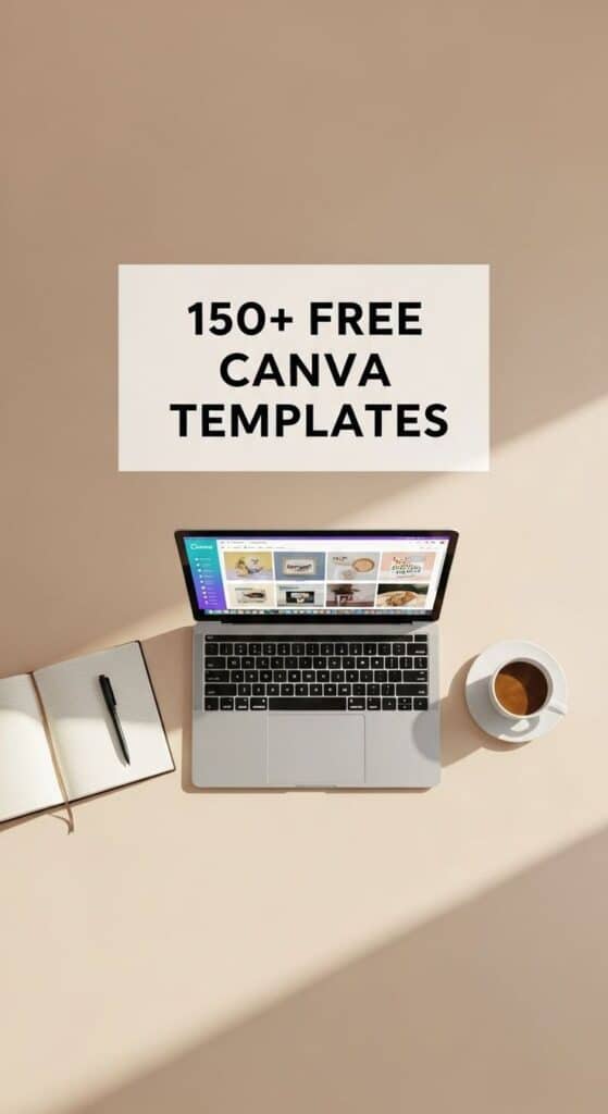Laptop displaying Canva with text 150+ Free Canva Templates, next to a notebook and coffee on a beige background. Ideal for