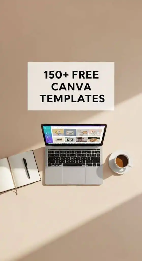 Laptop displaying Canva with text 150+ Free Canva Templates, next to a notebook and coffee on a beige background. Ideal for
