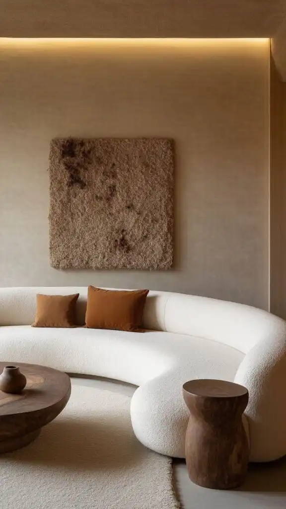 Minimalist living room with curved white sofa, brown pillows, wooden table, and textured wall art for modern interior design