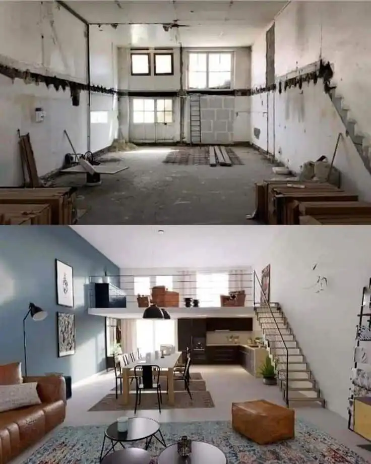 _ 16 Before and after of a home renovation: from bare unfinished space to modern, stylish living area with loft, staircase, and decor. | Sky Rye Design Before and after of a home renovation: from bare unfinished space to modern, stylish living area with loft, staircase, and decor.