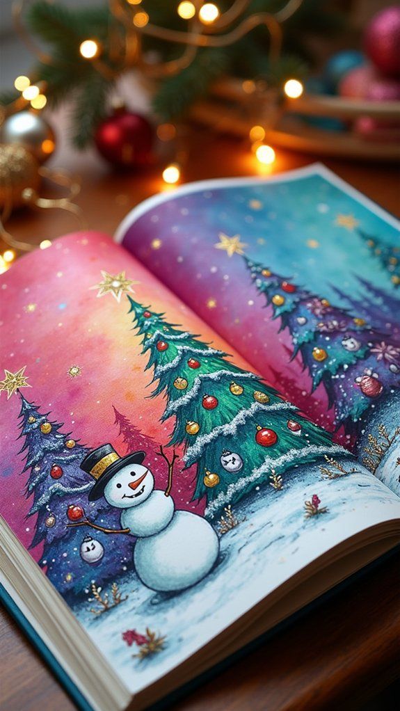 16 Sketchbook Ideas Colorful Enough to Cheer Your Day Festive storybook page with a snowman and decorated Christmas trees under twinkling lights, perfect for holiday cheer and cozy vibes. | Sky Rye Design Festive storybook page with a snowman and decorated Christmas trees under twinkling lights, perfect for holiday cheer and cozy vibes.