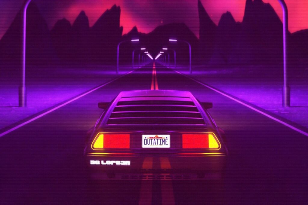 Retro-futuristic car with OUTATIME plate drives down neon-lit road under purple sky, reminiscent of 80s sci-fi vibes.