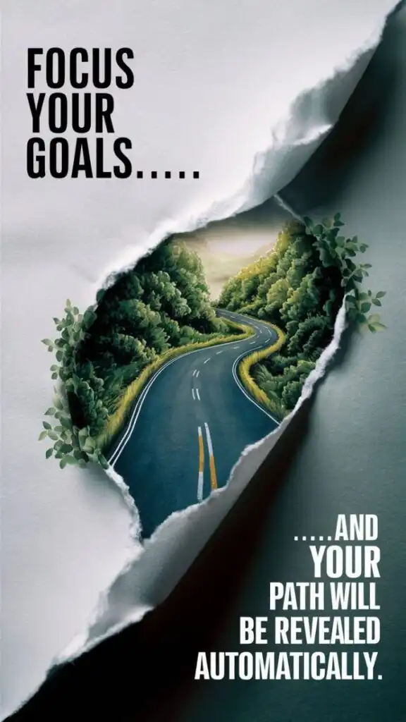 Torn paper reveals a winding road through lush trees. Text: Focus your goals... and your path will be revealed automatically.